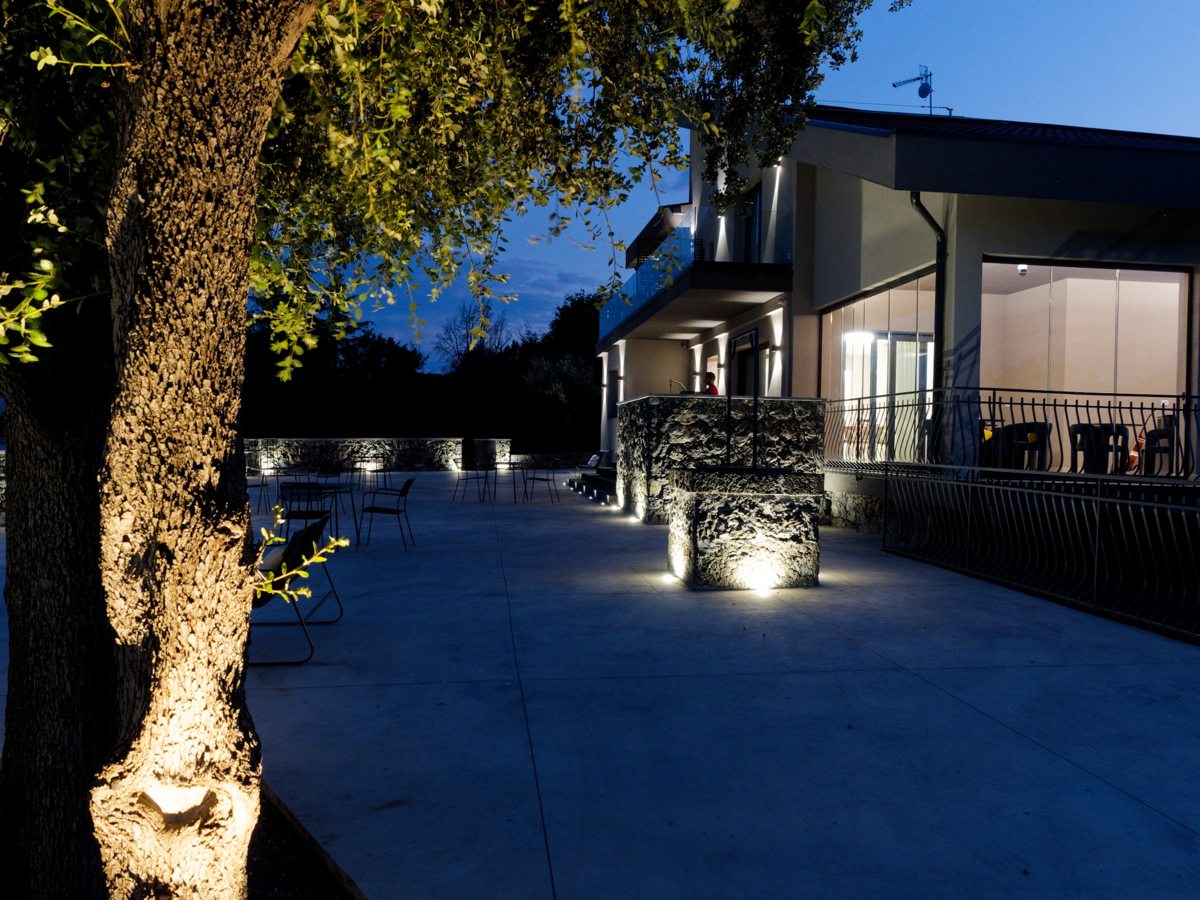 Villa Viognier and the olive trees lit up in the evening